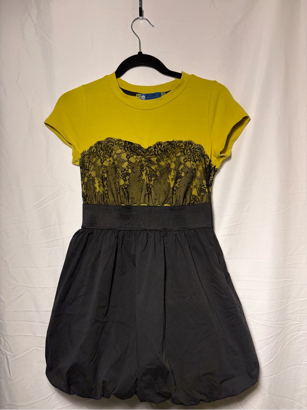 Vintage Rare Forever 21 Twist Cirque 21 Yellow Black Lace Bubble Dress Sz S Y2K
